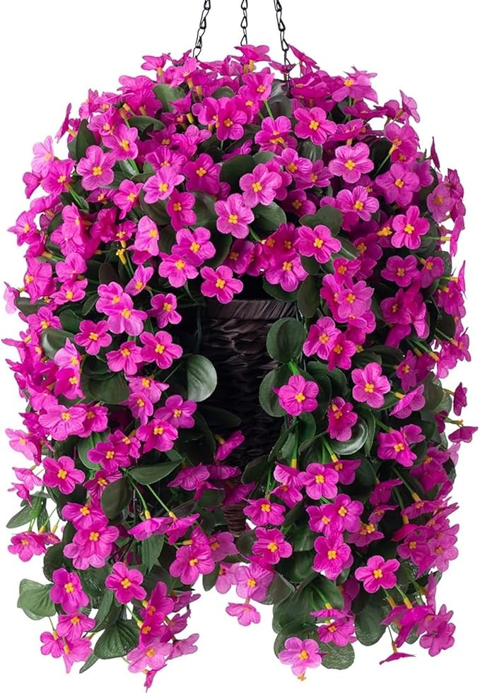Artificial Faux Silk Hanging Flowers Plants Baskets for Outdoor Outside Spring Summer Decoration, Fake UV Resistant Look Real Fuchsia Orchid Trailing Vines for Porch Patio Home
