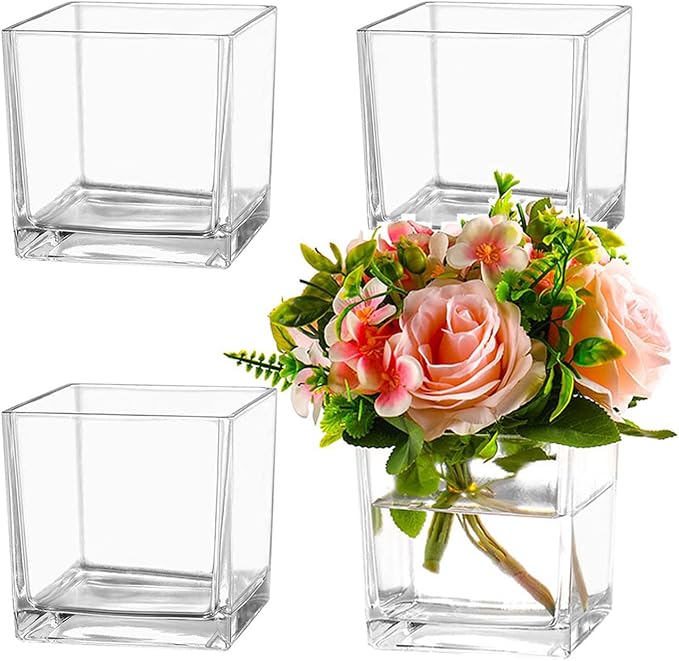Square Glass Vases Set of 4, 5" x 5" x 5" Clear Flower Vases for Centerpieces, Square Vase for Flowers, Small Vase for Wedding, Party, Home Office Decoration