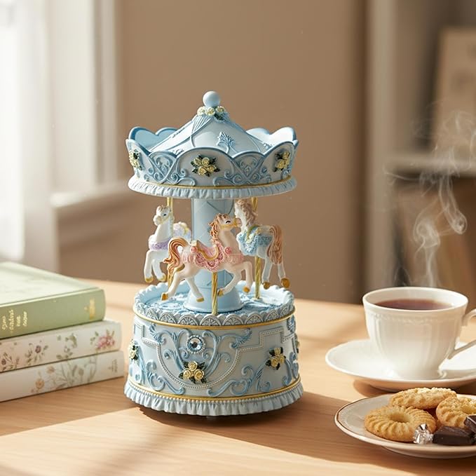 Elegant Blue Carousel Music Box,Handcrafted Rotating Horses & Floral Details Musical Figurine, for Birthdays,Christmas,Valentine's Day,Birthday,Home Décor,Plays You are My Sunshine Tune