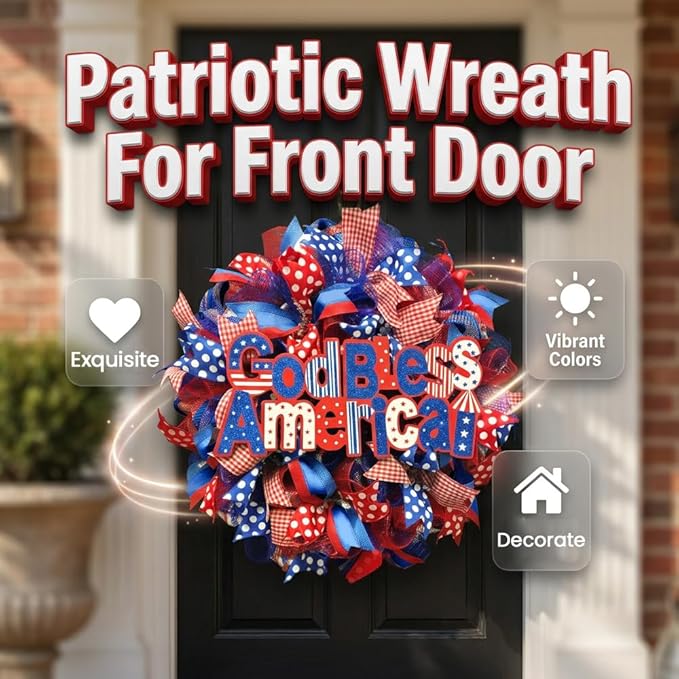 Patriotic Wreaths for Front Door, 250 Anniversary Decorations 4th of July Decorations Outdoor, Handcrafted Memorial Day Wreaths, Festival Celebration USA Flag Printed Wreath (C)