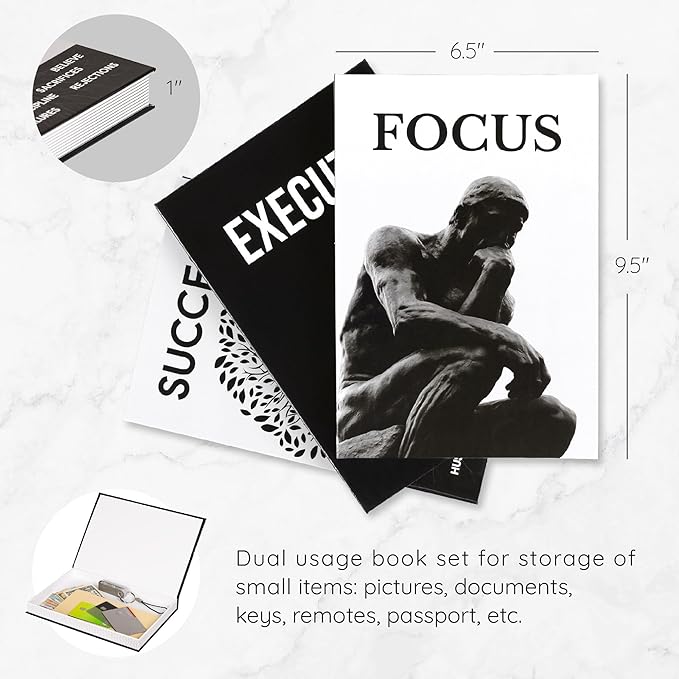 Motivational Desk Décor Set of 3 Decorative Books for Modern Home Office Decor Shelf Aesthetic Black & White Faux/Fake Books for Decoration Minimalist Book Box for Coffee Table Bookshelf TV Stand