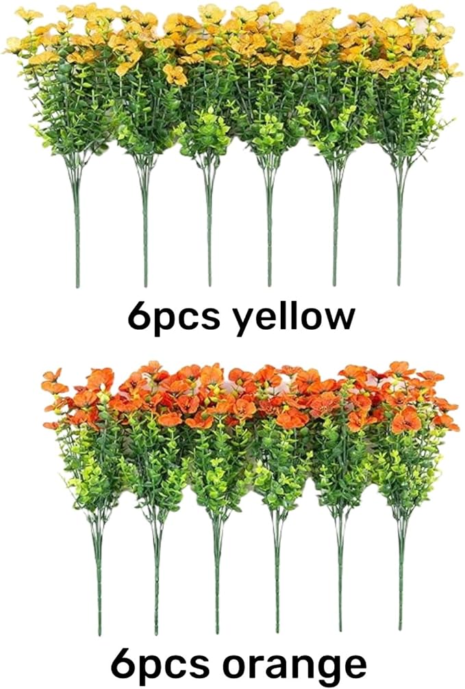 Artificial Fall Flowers Fake Mums for Outdoor Autumn Decoration, 12 Bundles Faux Silk Orange Yellow Mums Daisy Look Real UV Resistant for Outside Home Porch Patio Planter
