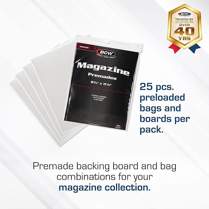 BCW Magazine Bags and Boards – (25 Pack) | Premade Non-Resealable Magazine Protectors | Standard Size 8 ¾" x 11 ⅛" | Magazine Sleeves and Boards Pre-Loaded for Storage and Display