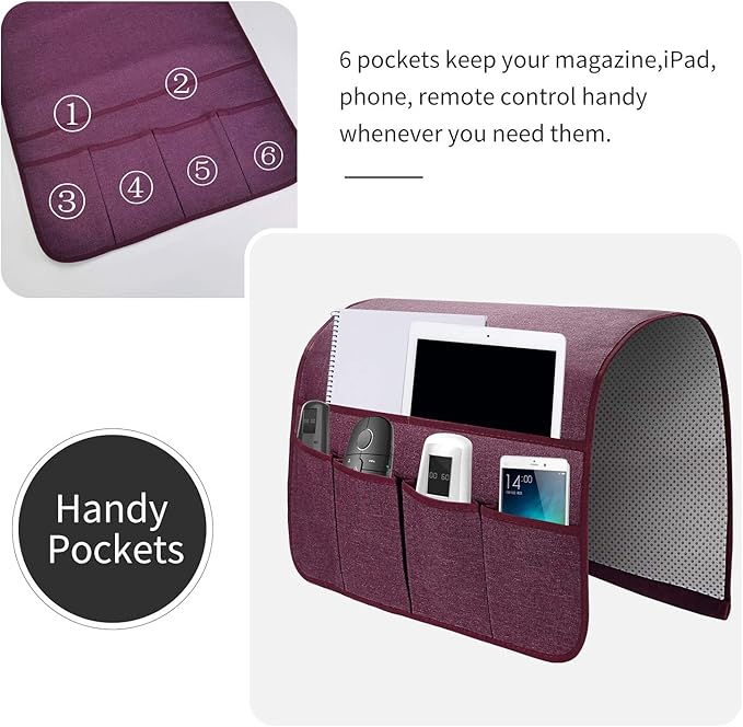 Sofa Armrest Organizer, Remote Control Holder for Recliner Couch, Arm Chair Caddy with 6 Pockets for Magazine, Tablet, Phone, iPad
