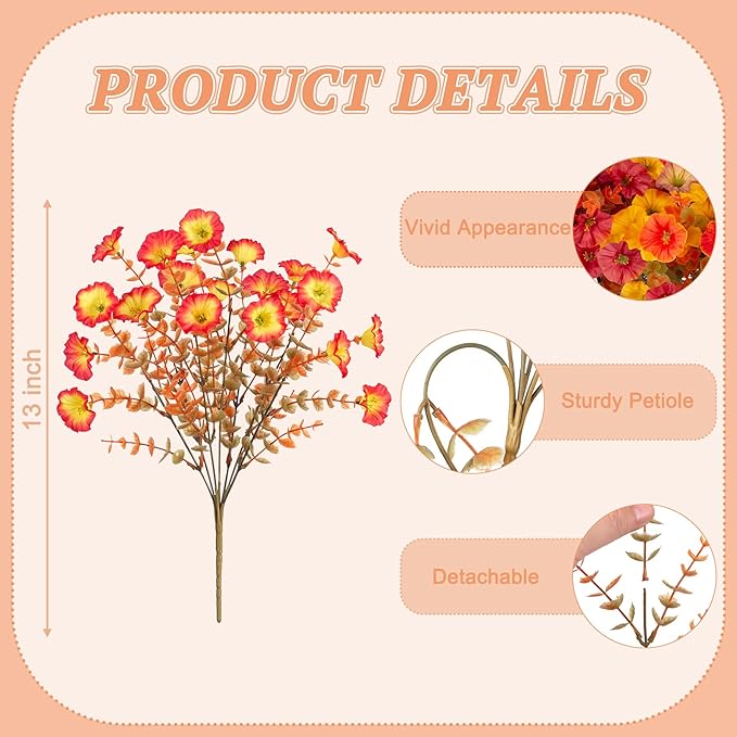 Fall Artificial Flowers for Decoration, 12 Bundles Fake Autumn Flower Plants Petunias, Faux Silk Morning Glory Eucalyptus for Planter Garden Porch Front Door Window Box, Orange Red Yellow