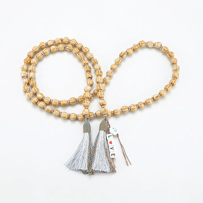 50in Handcrafted Ceramics Beads Garland with Tassels Farmhouse Rustic Ceramic Prayer Bead String Wall Hanging Accent for Boho Home Festival Decor Beige Bead