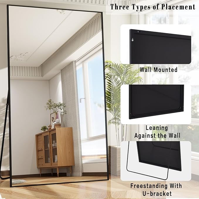 BEAUTYPEAK 77"x38" Rectangle Full Body Floor Mirrors, Full Length Mirror Hanging or Leaning, Aluminum Alloy Frame Wall Mirror for Bedroom, Dressing Room, Black