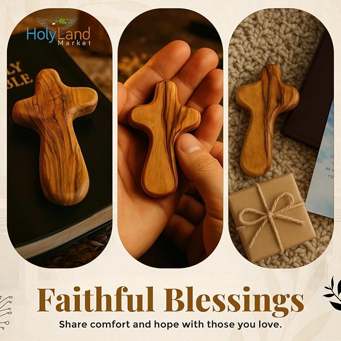 Holy Land Market 5 Olive Wood Crosses From the Holy Land - 2.5 Inch Pocket Palm Crucifix | Handmade Jerusalem, Bethlehem Israel - Gifts by Christians with Certificates -Holy Land Olive Wood Cross x5