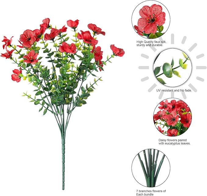 Artificial Fake Mums Plants Flowers for Outdoor Outside Fall Autumn, 12 Bundles Faux Silk Red Daisy UV Sun Resistant Look Real for Porch Patio Home Window Box Yard Planter