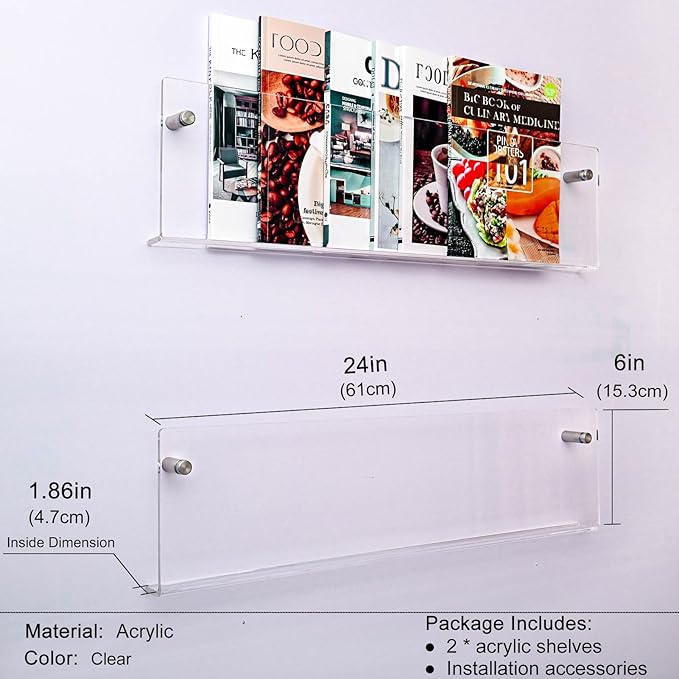2 Pack 24 Inch Clear Acrylic Magazine Holder, Floating Brochure Display, Invisible Record Holder Magazine Rack, Hanging Bookshelf Literature for Waiting Room, Office, Home