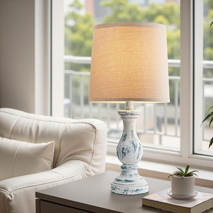 Seealle Farmhouse Table Lamps Set of 2 - Rustic Lamp for Bedroom Living Room, 22" Boho Bedside Lamps for Night Stands End Table Office Desk Lamp Nightstand Clearance with Linen Shades(Washed Blue)