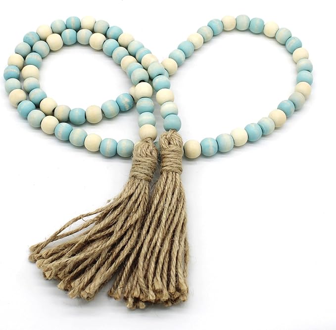 CVHOMEDECO. Wood Beads Garland with Tassels Farmhouse Rustic Wooden Prayer Bead String Wall Hanging Accent for Home Festival Decor. Teal Mix Distressed