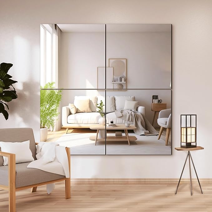 Delma Frameless Mirror Tiles 20"x20"x4 Pcs Wall Mounted, Shatter Resistant Full Length Tempered Glass Panels for Home Gym Bathroom Bedroom & Living Room Decor