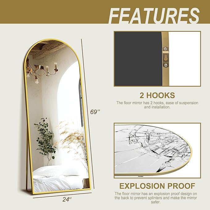 Delma Wall Mirror Full Length, Standing Floor Mirror for Bedroom Bathroom Living Room with Aluminium Frame (with Stand, Arch 69x24-Gold)