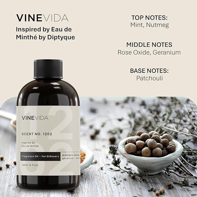 VINEVIDA [16 Fl Oz] Scent NO. 1202 Fragrance Oil for Cold Air Diffusers, Aromatic Notes of Mint, Nutmeg, Rose Oxide & Patchouli Essential Oils for Diffuser Oil Refill & Air Freshener Room Spray