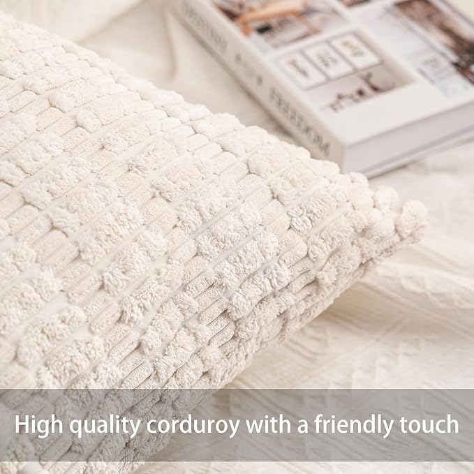 Aegero Pack of 2 Corduroy Decorative Throw Pillow Covers 26x26 InchSoft Striped Pillow Covers Modern Farmhouse Home Decor for Sofa Living Room Couch Bed（Cream White）
