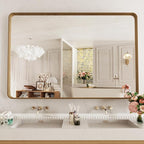 LOAAO 50X30 Inch Bathroom Mirror with Wood Grain Colored Metal Frame, Rounded Rectangle Metal Framed Bathroom Mirror, Anti-Rust, Hangs Horizontally or Vertically, Tempered Glass