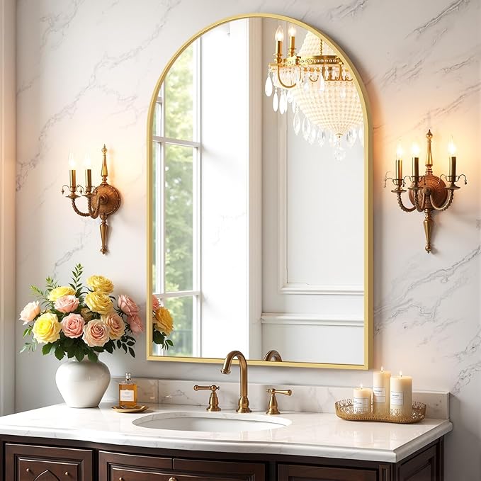 Bathroom Mirror for Wall, 36x24 Inch Arched Mirror, Matte Gold Metal Framed Bathroom Vanity Mirror for Restroom Farmhouse, Anti-Rust, Tempered Glass, Hanging or Leaning