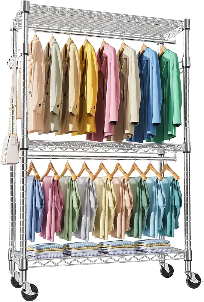 Heavy Duty Rolling Garment Rack 3 Tiers Adjustable Wire Shelving Clothes Rack with 2 Rods and Side Hooks, Storage Closet Clothing Rack with Wheels Chrome 17.7" D x 47.2" W x 83.6" H