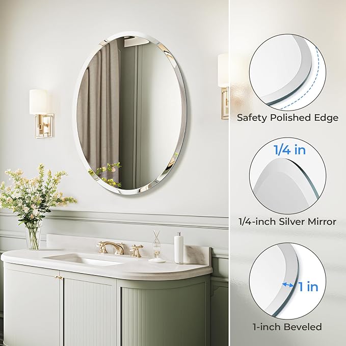 USHOWER Bathroom Mirror for Over Sink, 20x28 Inch Oval Frameless Mirror, Beveled and Polished, Decorative Wall Mirror for Bathroom, Bedroom, Vanity, Entryway, Modern and Elegant