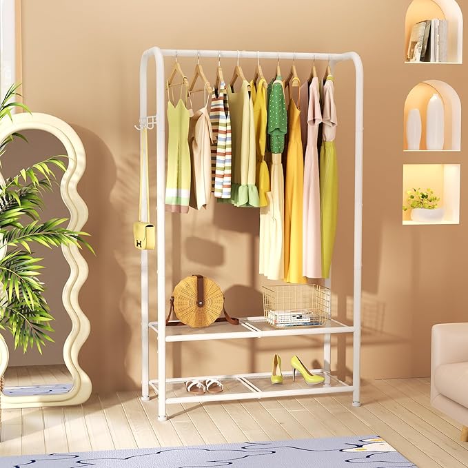 SINGAYE Clothing Racks Portable for Hanging Clothes Garment Rack Heavy Duty Clothes Rack Storage Coat Hanger Stand Portable Closet to Hang with Shelves Wardrobe Standing Organizer Drying White