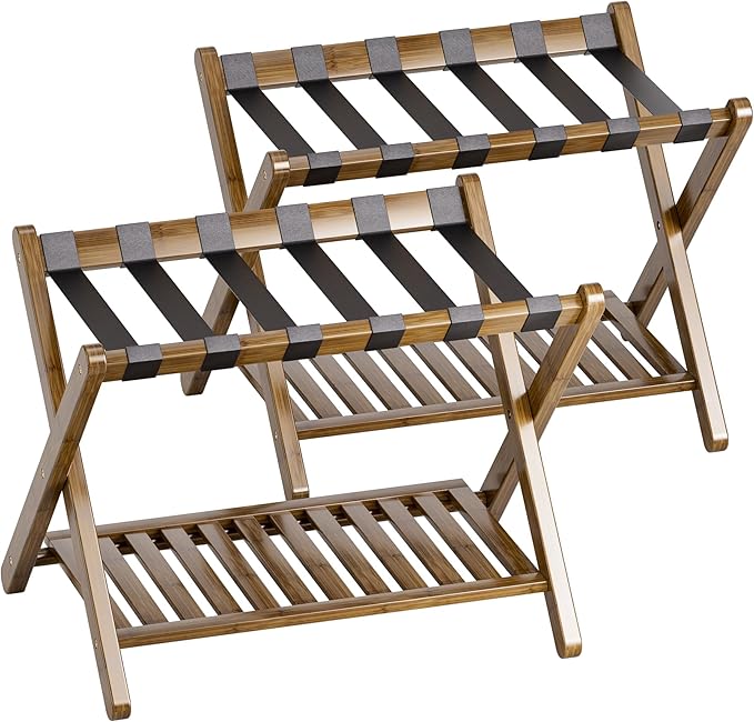 SMIBUY Luggage Rack, Set of 2, Foldable Bamboo Suitcase Stand with Storage Shelf for Guest Room, Bedroom, Hotel, Heavy-Duty (Walnut)