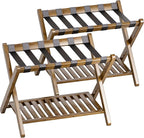 SMIBUY Luggage Rack, Set of 2, Foldable Bamboo Suitcase Stand with Storage Shelf for Guest Room, Bedroom, Hotel, Heavy-Duty (Walnut)