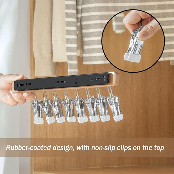 MORNITE Pull Out Hat Rack for Closet, Sliding Hooks Hanger Rack with Clips for Bras Caps Underwear Socks Scarves Gloves Handkerchiefs, Dual Side 8 Clips Rail, 2 Pcs