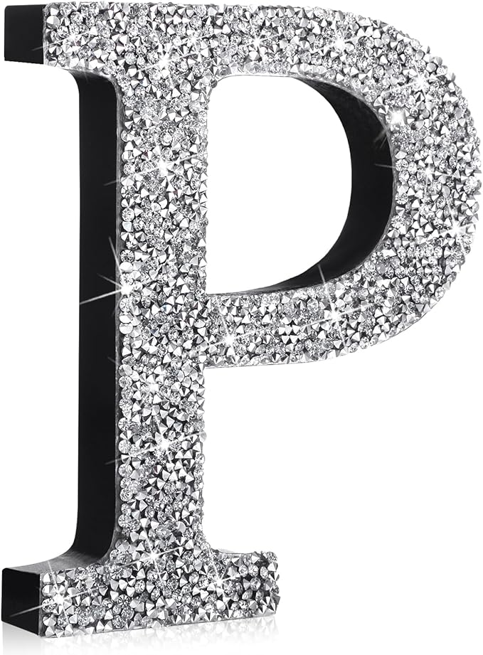 Qunclay 5.7" Silver Crystal Diamond Bling Letters Crushed Diamond Decoration Wooden Glitter Letter with Screw and Hooks Rhinestone Gift for Wedding Y2k Mcbling Bedroom Wall Decor (Letter P)