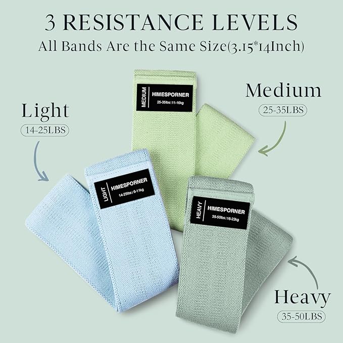 Wide Fabric Resistance Bands for Working Out, 3 Level Non-Slip Exercise Booty Bands for Women & Men Leg and Glutes with Hair Ties and Tape Measure - for Home Gym Workout, Yoga, Pilates