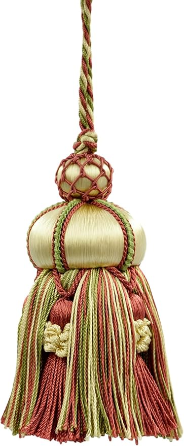 DÉCOPRO Elegant Hand-Crafted 4" (10cm) Key Tassel 3 1/2" (8.5cm) Loop Accented with Crown Tassels (Style# KTAX4) Watermelon Red Multicolor #LX06 (Pink Red Yellow Green White Gold) Set of 2