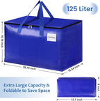 Moving Bags, Storage Bags with Sturdy Handles and Heavy Duty Zippers, Storage Totes for Space Saving, Moving & Storage, Collapsible Moving Supplies(125L, 8-Pack, Blue)
