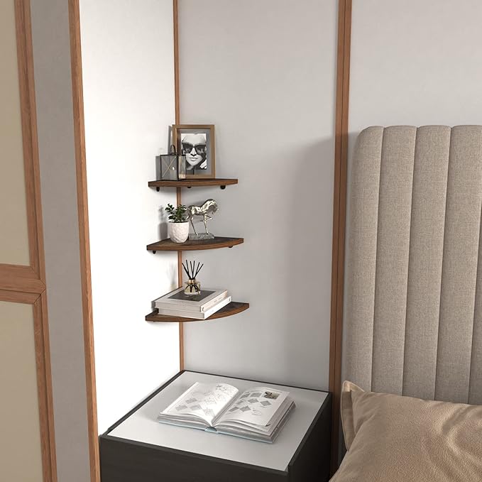 HORLIMER 6 Pack Wall Mount Floating Corner Shelf, Rustic Wood Corner Wall Shelves for Bedroom, Living Room, Bathroom, Kitchen