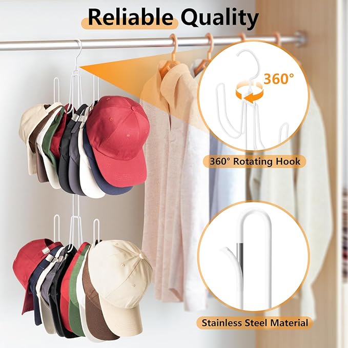 Hat Hangers for Closet, 1 Pack Stainless Steel Hat Organizer, Hat Racks for Baseball Caps, Cap Organizer for Baseball Caps, White