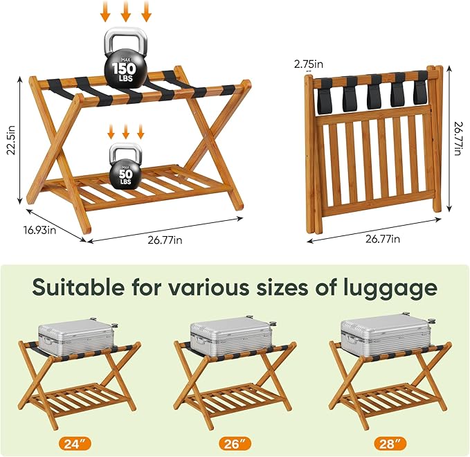 Fully Assembled Bamboo Luggage Racks, Foldable Suitcase Stand with 5 Nylon Straps, Luggage Stand with Shoe Shelf Ideal for Guest Room, Bedroom, Hotel, Honey Oak
