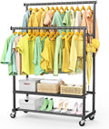 Double Rods Clothes Rack for Hanging Clothes, Heavy Duty Rolling Clothing Rack with Wheels, Freestanding Garment Racks with Oxford Bottom Shelf and Mesh Bottom Shelf for Bedroom Laundry Living Room
