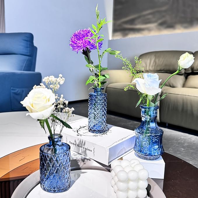 24PCS Mini Bud Vases As Wedding Centerpieces for Tables,Clear Bud Vases for Flowers,Small Flower Vases Suitable for Birthday Party,Anniversary,Wedding Reception,Baby Shower (Blue, 24PCS)