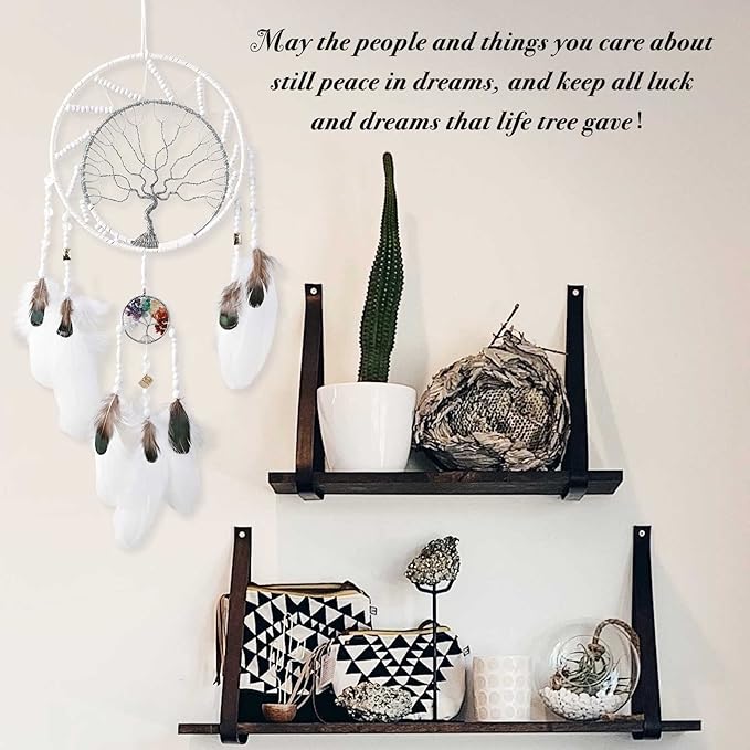 7 Chakras Tree of Life Dream Catcher Wall Decor with Rainbow Healing Crystal Stone Handmade White Feather DreamCatchers Wall Hanging Ornaments for Bedroom Home Decor Blessing Gift Wedding Party -22"