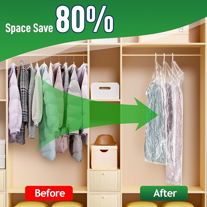 Hanging Vacuum Storage Bags For Clothes With Hand Pump,Coat Storage Bag Hanging,Vacuum Bags For Clothes,Space Saver Vacuum Storage Bags,Garment, Clothing, Dress, Suit, Long Coat, Jacket(Combo 6 Pack)