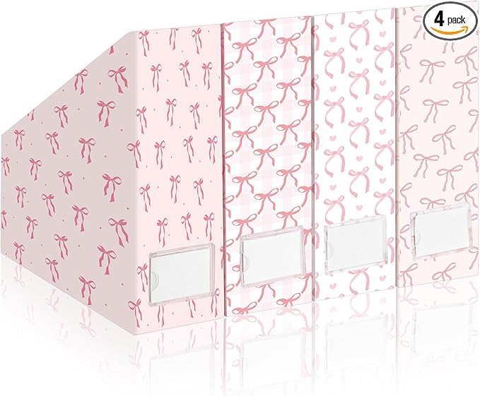 AmazingSpark Set of 4 Pink Bow Magazine File Holder Decorative Foldable Cardboard Magazine Storage Boxes with Acrylic Label Holders Coquettish Boho Organizer for Office Home Organization Storage