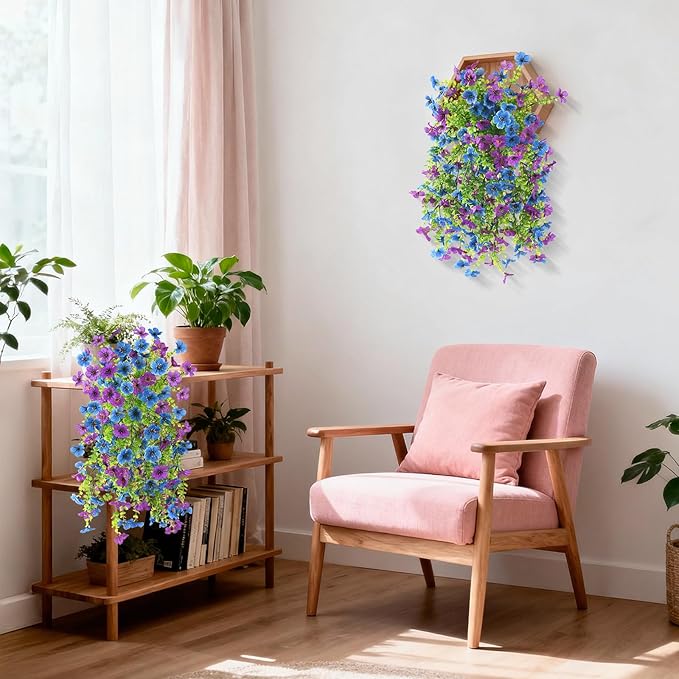 Artificial Faux Flowers Plants for Outdoor Spring Summer Decoration, 2 PCS Fake Silk Daisy Flowers No Fade UV Resistant Realistic for Outside Home Planter Porch Patio Balcony Yard Decor (Blue Purple)