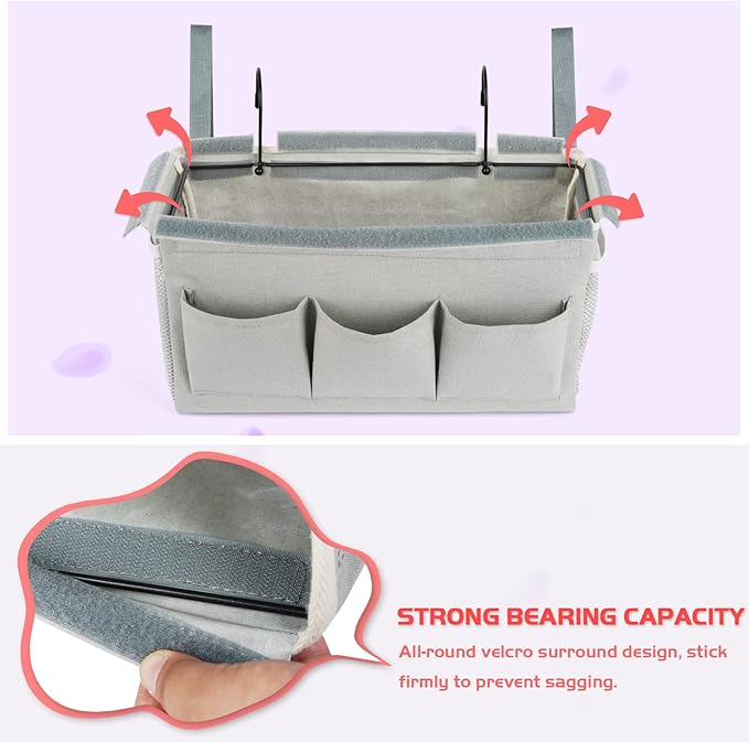 Loghot Bedside Caddy/Bedside Storage Bag Hanging Organizer for Bunk and Hospital Beds,Dorm Rooms Bed Rails,Can be Placed Glasses,Books,Mobile Phones,Keys (New Grey)