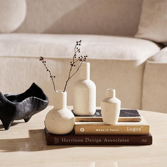 DN DECONATION Ceramic Vase Set of 3, Small Vases Home Decor Boho Rustic Farmhouse for Pampas Grass & Dried Fresh Flowers, Modern Decorative Vases for Living Room, Bedroom, Entryway, Shelf, Table Decor