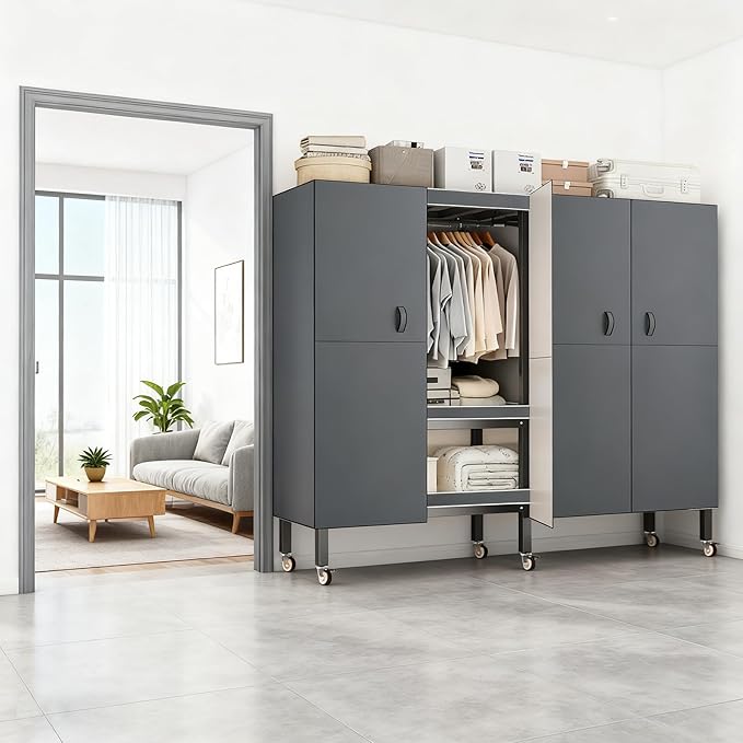Heavy Duty Portable Closet with Cover Magnetic Doors, Metal Rolling Clothes Rack Heavy Duty 1500LBS, Foldable Clothing Rack, Garment Racks for Bedroom/LivingRoom/Rental (KT Grey, 49.21in)