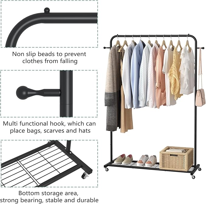 Sywhitta Clothing Rack on Wheels with Mesh Storage Shelf & Sturdy Metal Frame, Rolling Garment Rack for Hanging Clothes, Coats, Skirts, 39.76" L x 16" W x 64.56" H,Black