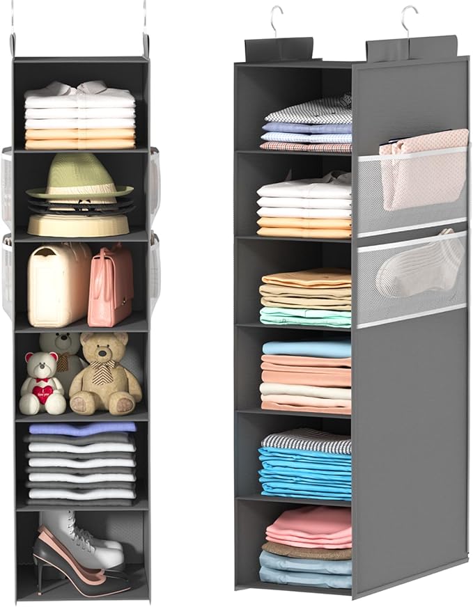 Extra Deep Hanging Closet Organizer with 6 Shelves and Oversized Mesh Pockets, Heavy-Duty Structure, No Deformation, Max Storage for Clothes, Shoes, Hats, Dorms and RVs, Grey,1-Pack
