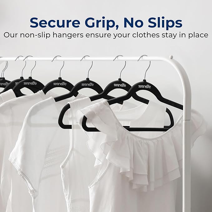 SereneLife 30 Pack Velvet Hangers – Non-Slip Clothes Hangers with Heavy Duty Design, Slim Space-Saving Coat Hangers with 360° Swivel Hook, Strong Lightweight Closet Organizer Set for Clothes (Black)