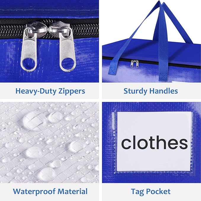 Moving Bags, Storage Bags with Sturdy Handles and Heavy Duty Zippers, Storage Totes for Space Saving, Moving & Storage, Collapsible Moving Supplies(125L, 8-Pack, Blue)