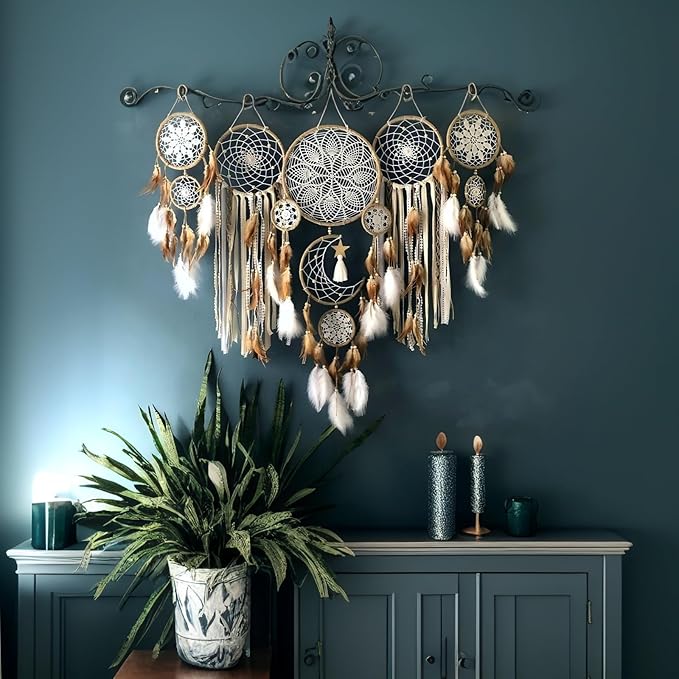 5 Pack Bohemian Ornaments,Dreamcatcher Gift Boho Native American Decor, Handmade Dreamcatcher for Girls, Boys, Adults, Kids Room,Witchy Gifts (Camel)