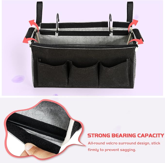 Loghot Bedside Caddy/Bedside Storage Bag Hanging Organizer for Bunk and Hospital Beds,Dorm Rooms Bed Rails,Can be Placed Glasses,Books,Mobile Phones,Keys (New Black)